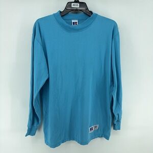 Vintage Russell Athletic Shirt Mens Large Blue Blank Long Sleeve High Cotton USA